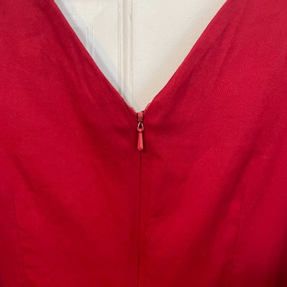 Red Midi Dress Summer Cotton Long Sleeveless V Neck Vtg Europe Zip Tie Bow US 10 - Picture 5 of 8